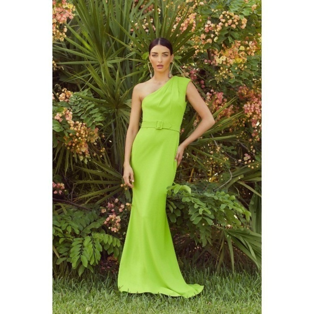 $895 Badgley Mischka Womens One Shoulder Belted Gown Lime Green Size 4 NWT - Picture 3 of 16